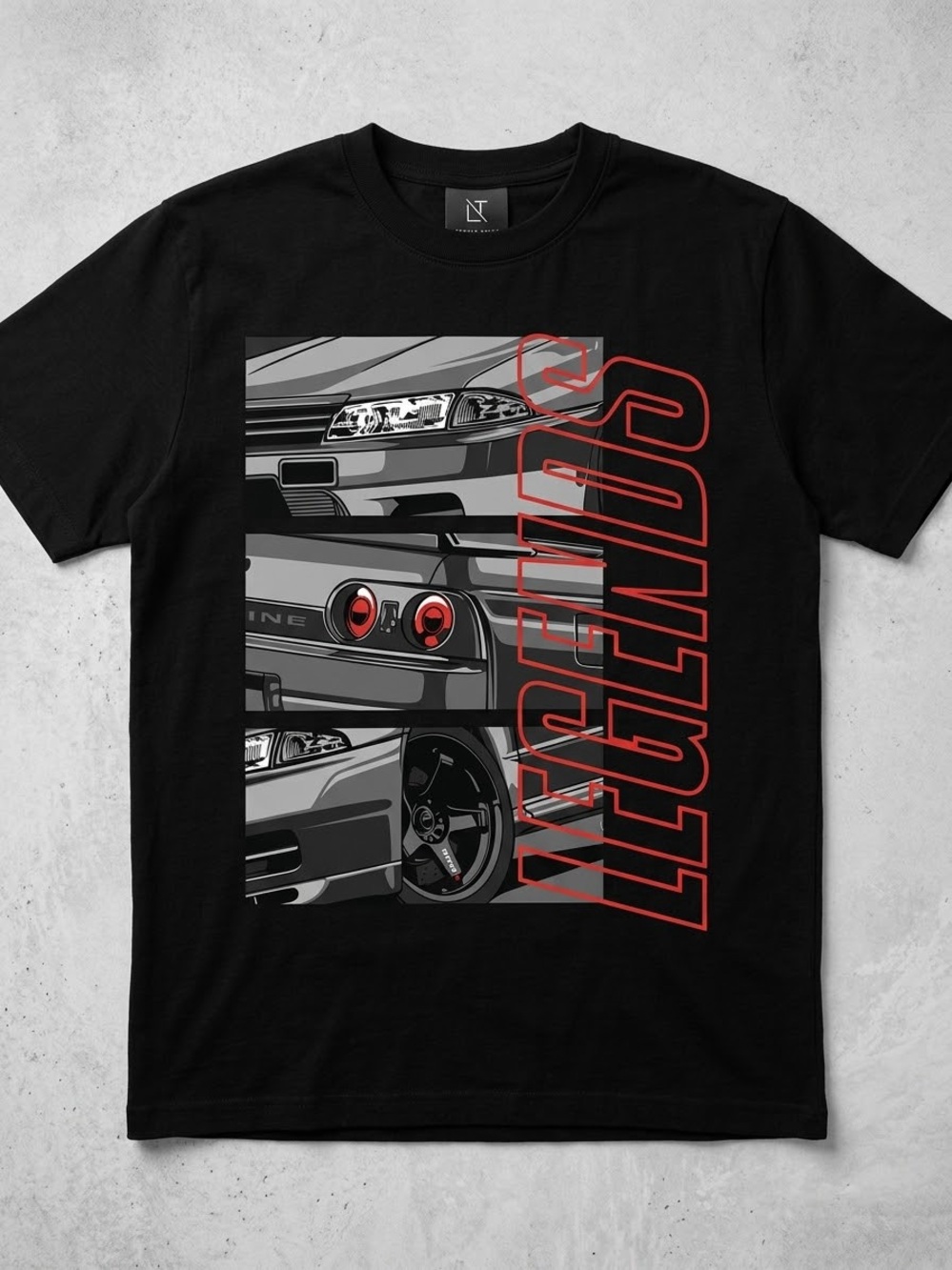 Gildan Black Short-Sleeve Tee with Gray Car Graphic and Red 'LEGENDS' Print
